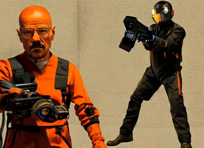 Prompt: film still of Walter White as Gordan Freeman wearing Black and orange Black Mesa Jumpsuit holding a gravity gun in the Half Life Movie, 4k