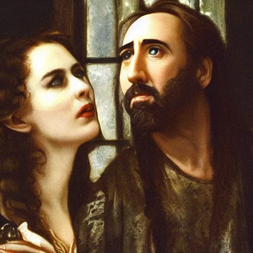 Image similar to nicholas cage as juliet in the window looking down at nicholas cage as romeo, beautiful cature of the stageplay nicholas and nicholas by shakespeare