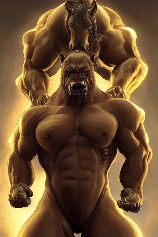 Image similar to portrait of hulking anthro horse whose physique is bursting with muscle wearing a tactical bodysuit, glowing tubes inserted into flesh, test subject, full body, sci - fi, highly detailed, digital painting, artstation, concept art, sharp focus, illustration, art by artgerm and greg rutkowski and alphonse mucha