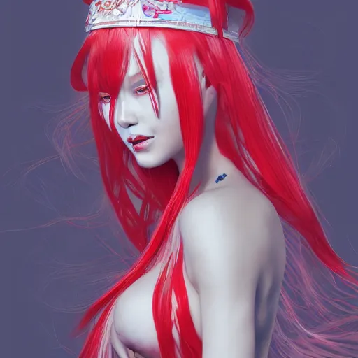 Image similar to albino maiko as a mermaid with very long hair, red and white neon, concept art, intricate details, highly professionally detailed, cgsociety, highly detailed -