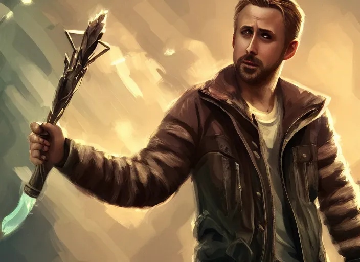 Prompt: ryan gosling character concept art, digital illustration, trending on artstation, intricate details, epic composition, sharp focus, 8 k uhd, masterpiece, league of legends splash art