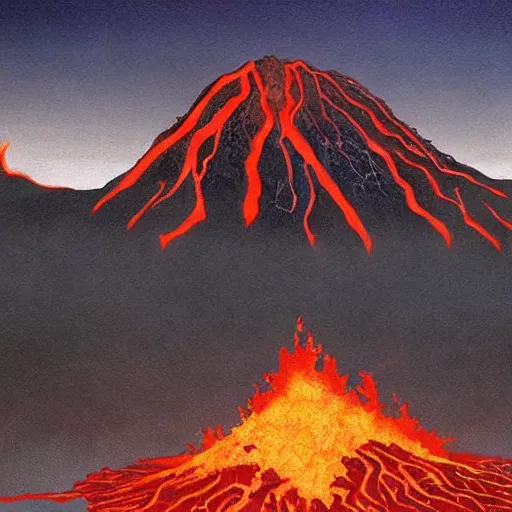 Prompt: poutine ( the canadian meal ) from ngauruhoe ( mount doom ), lava texture, char texture, volcano texture, fire texture, by alan lee, by john howe