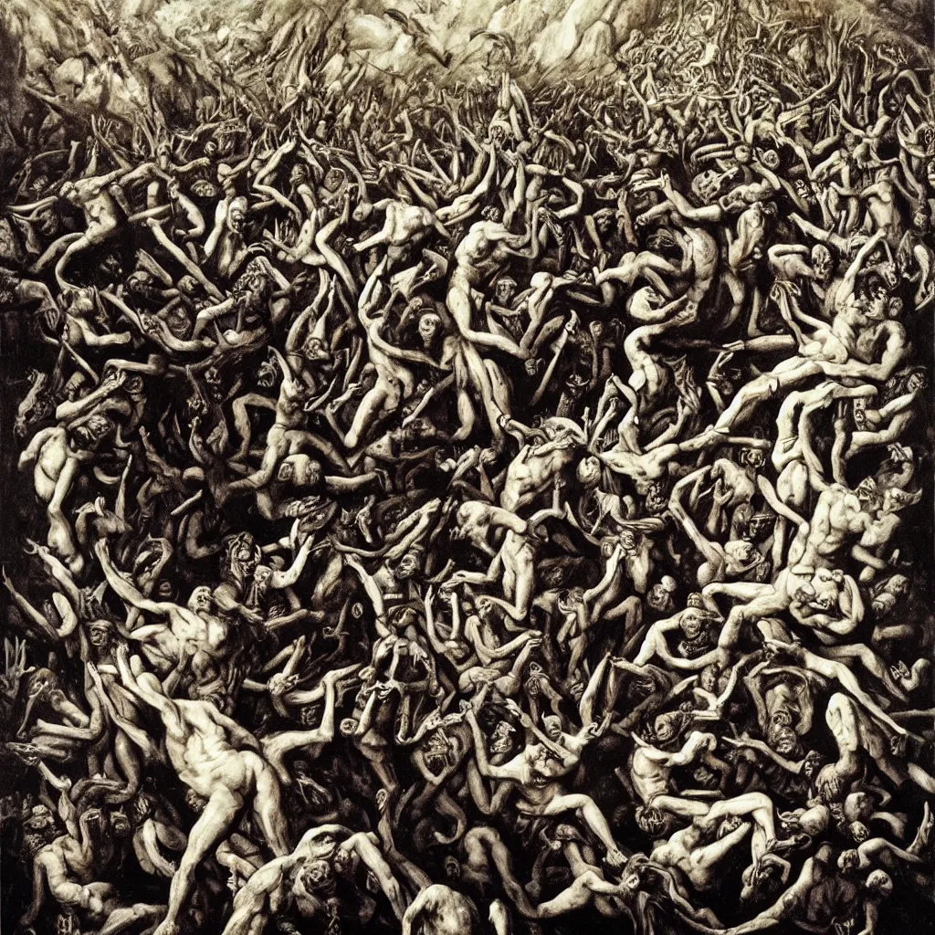 Image similar to Richard Dean Anderson as the Dictator of a socialist state surrounded by the stairway of hell. Surrealist painting by Gustave Courbet, Michiel Shrijver and M.C. Escher.