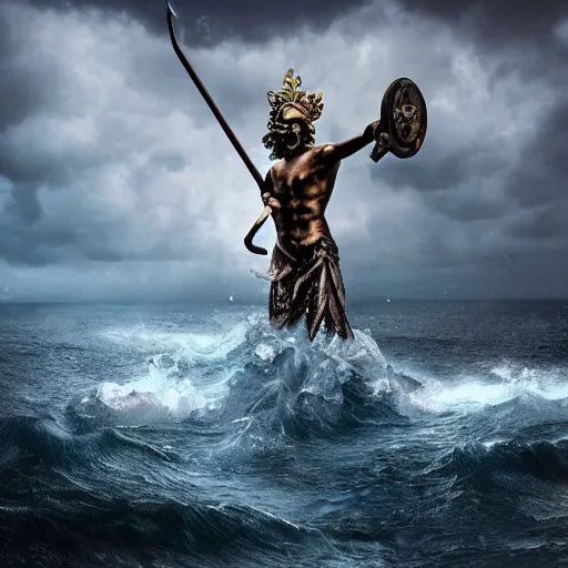 Prompt: Poseidon, the god of the sea, with trident and crown, riding a mixture of a horse and a fish, matte painting, photorealistic, dark colors