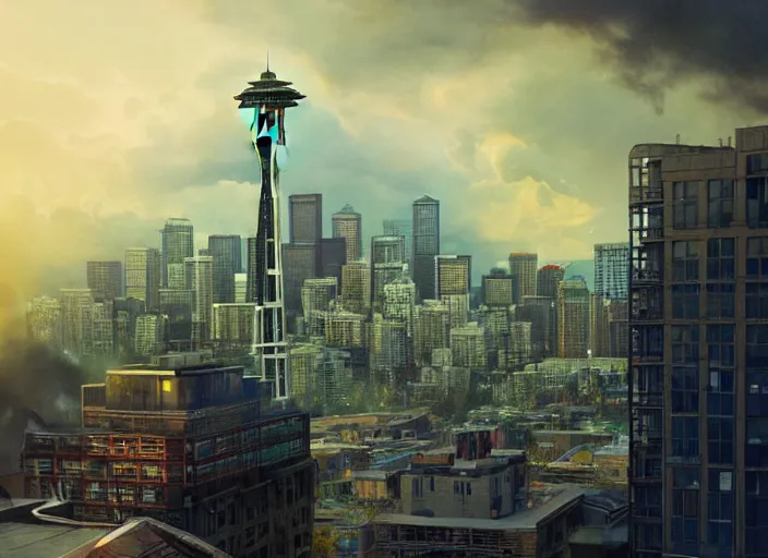 Prompt: seattle being attacked by henry cavill as a hulking herculean demon, by beeple and maciej kuciara and greg rutkowski