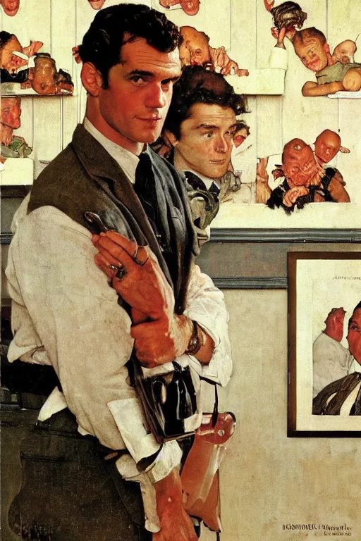 Prompt: herry cavill, attractive male, painting by norman rockwell