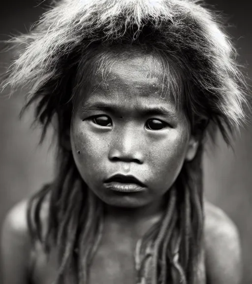 Image similar to Award winning reportage photo of Palau Natives with incredible hair and beautiful hyper-detailed eyes wearing traditional garb by Lee Jeffries, 85mm ND 5, perfect lighting, gelatin silver process