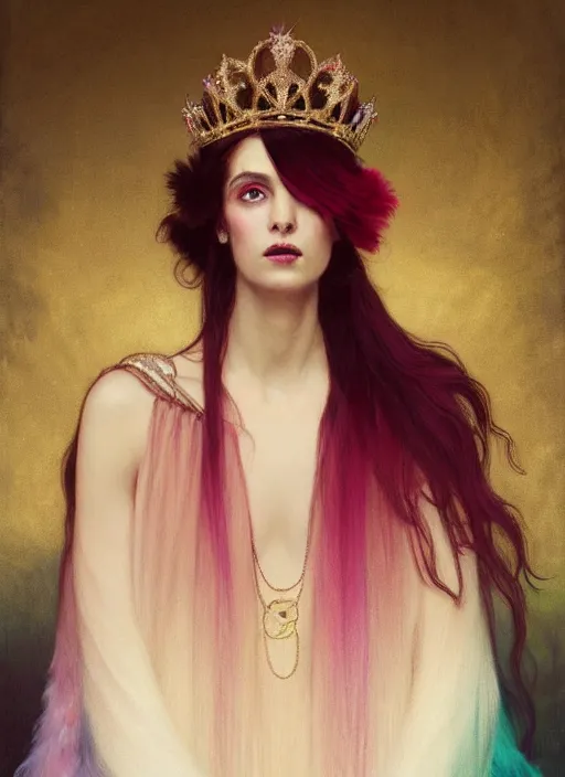 Prompt: ombre velvet gown, feathers, lovely queen, portrait, long hair, small crown, dozens of pearl necklaces, feral languid woman, by greg rutkowski, anato finnstark, alphonse mucha, global illumination, radiant light