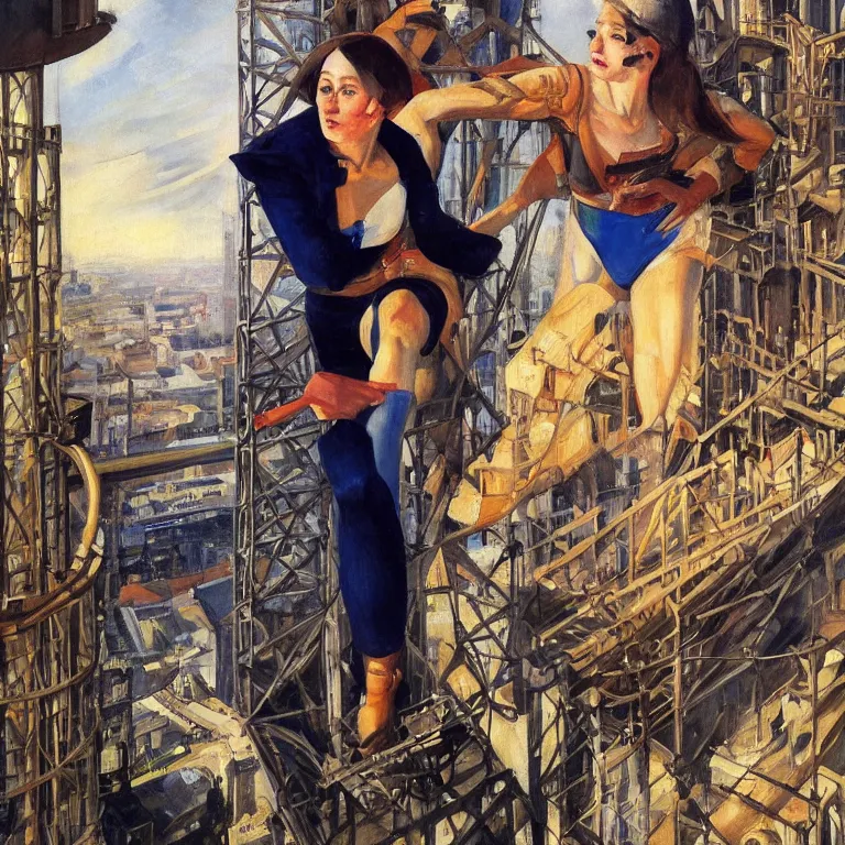 Prompt: Beautiful realistic self portrait by Zinaida Serebriakova as a Cyborg code breaker climbing a tower in 2037 London , oil painting rich color shocking detail hyperrealistic 8k