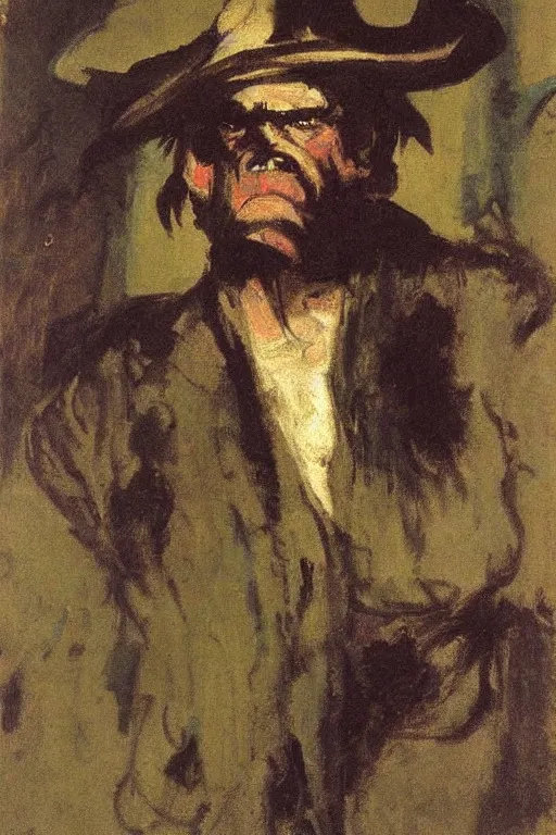 Prompt: portrait of a grumpy orc barbarian by walter sickert, john singer sargent, and william open