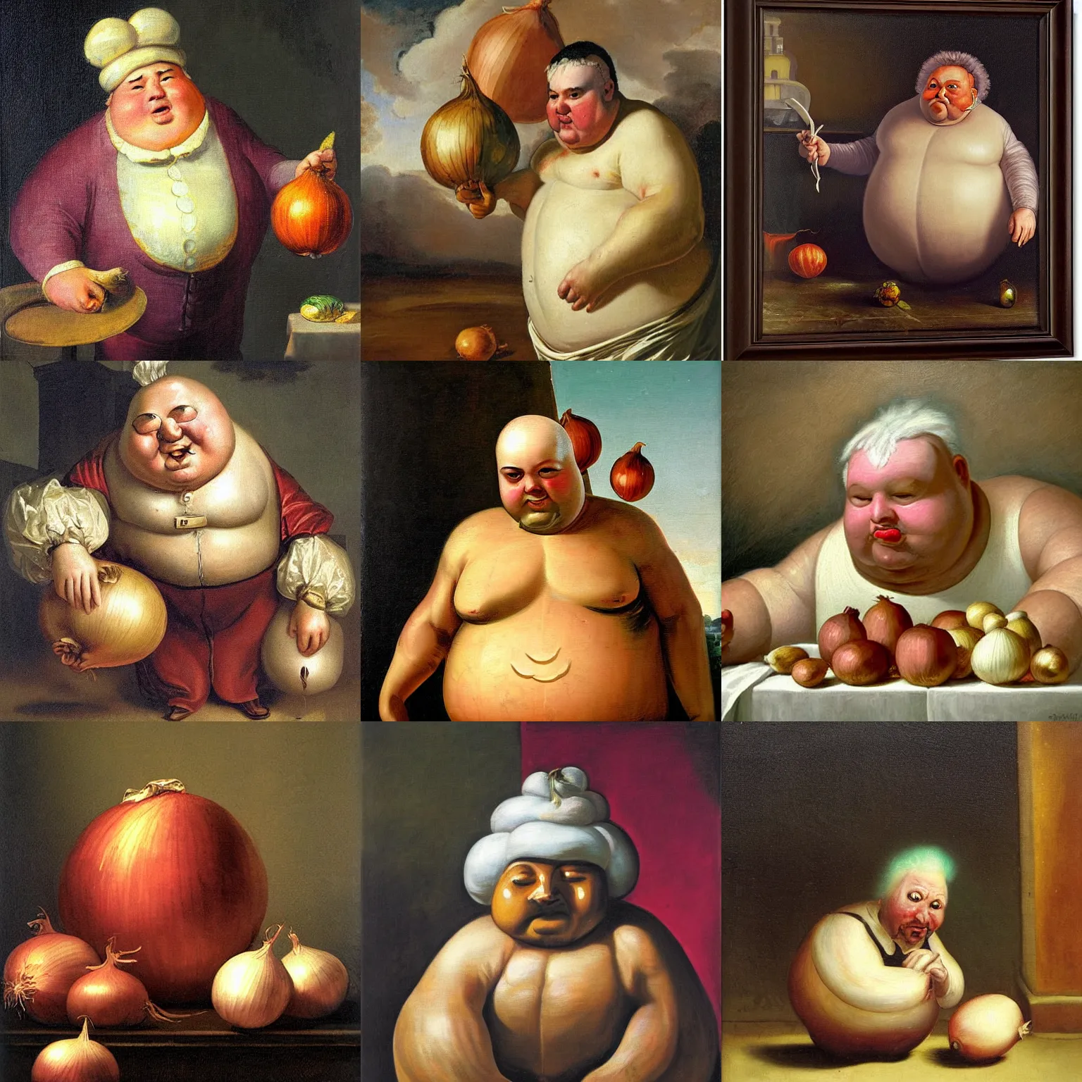 Prompt: fat onion man, baroque painting, dripping oil, human onion
