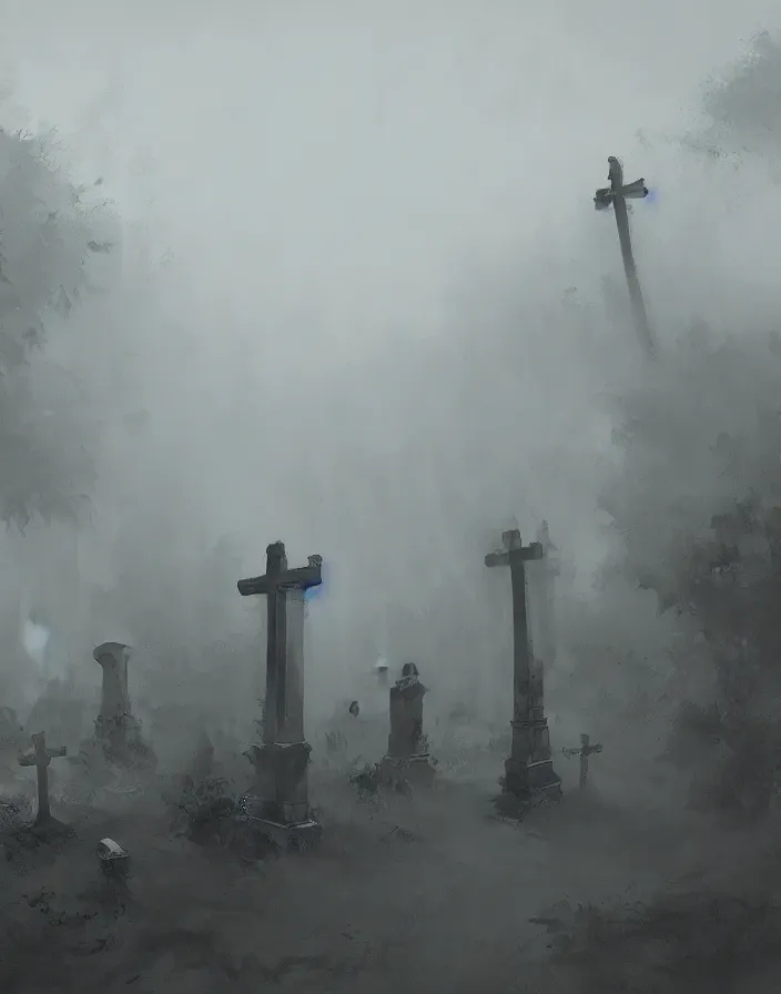 Image similar to , a gloomy cemetery with fog by craig mullins, concept art, artstation, trending on instagram, 8 k, ultra detailed, award winning,