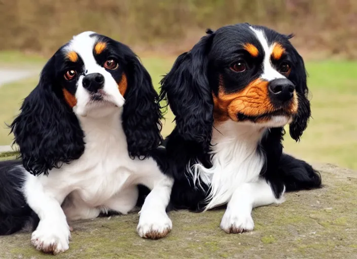 Image similar to photo realistic picture 5 0 mm of a black king charles cavalier sitting next to a brown dash hound, they are both looking at each other lovingly