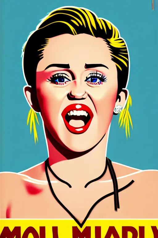 Image similar to propaganda poster, miley cyrus, close up, portrait, shouting