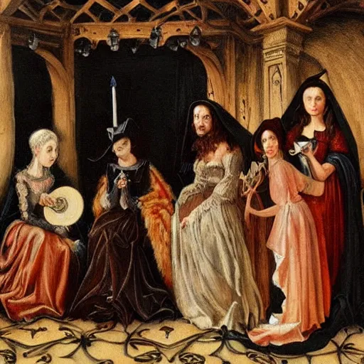 Prompt: witches in the coven, highly detailed, art, renaissance paintin, oil painting