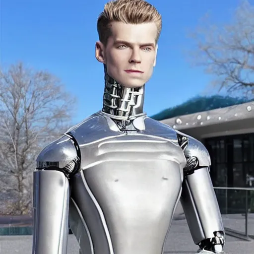 Image similar to made of ice, a realistic detailed photo of a guy who is an attractive humanoid who is half robot and half humanoid, who is a male android, on display, blank stare, showing off his muscles, shiny skin, posing like a statue, by the pool, frozen ice statue, f 1 driver max verstappen, humanoid robot