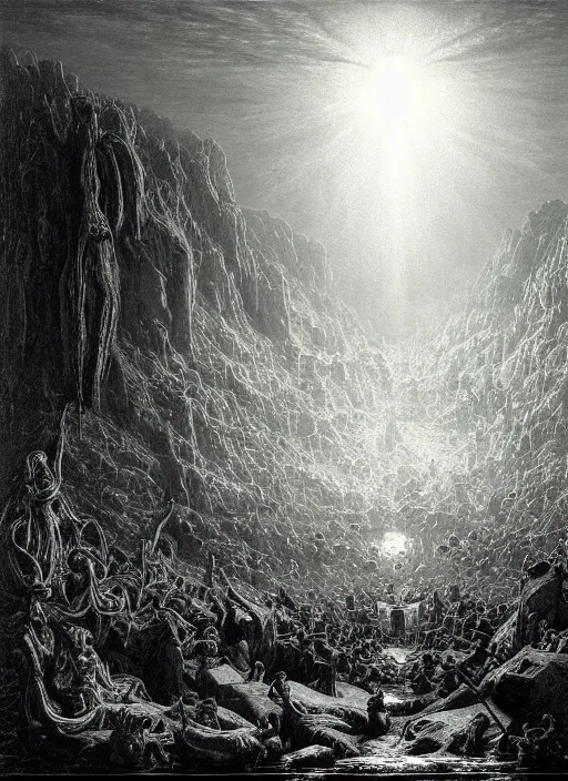 Prompt: as above, so below, epic scene, photorealistic, highly detailed, texture, soft light, dramatic, moody, ambient, painting by gustave dore