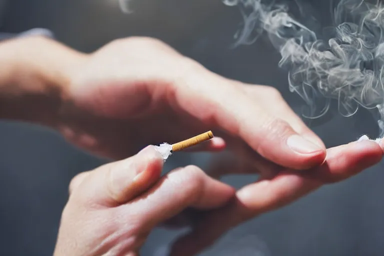 Image similar to Close-up of thin soft hand, five fingers, hand with cigarette with smoke, hand with five fingers, hyper realistic, high details, photo, super resolution