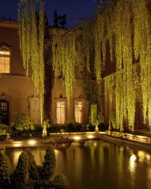 Image similar to photo of beautiful rococo courtyard under moonlight, large glowing moon, pool with reflections, weeping willows and flowers, hellenistic sculptures, romantic, archdaily,