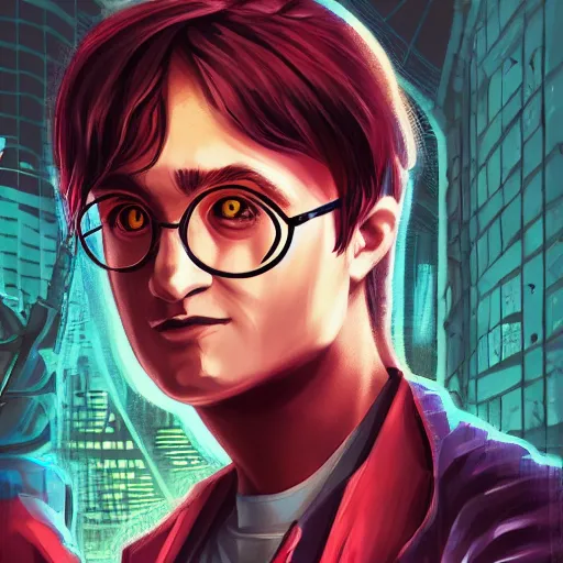 Image similar to cyberpunk harry potter as the leader of a futuristic communist society, cybernetics, sharp lines, digital, artstation, colored in