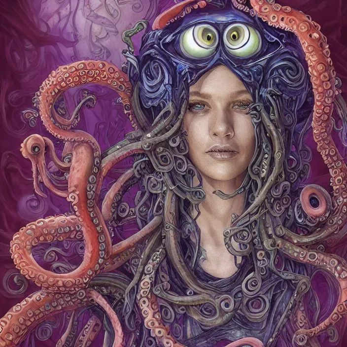 Prompt: beautiful and exotic octopus queen bust portrait, glowing big eyes, art nouveau declotage, perfect symmetrical facial features, hyperrealistic bone structure, extremely hyperdetailed, mixed media painting, unreal engine, 8 k, octane, 8 mm, by travis charest, rodney matthews and chris achilleos