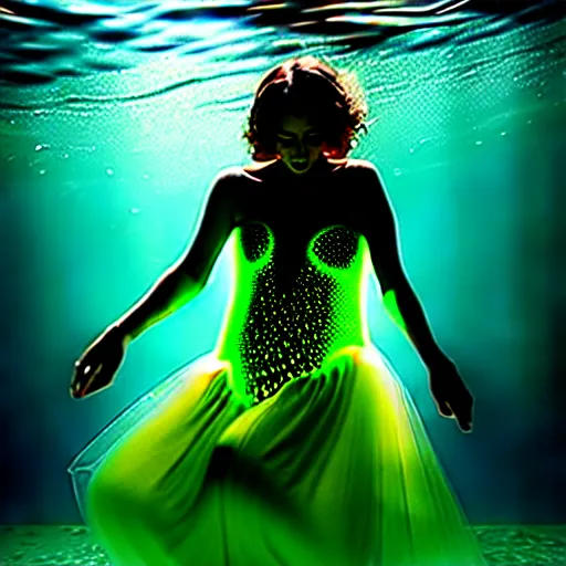 Image similar to woman dancing underwater wearing a dress made of seaweed that is flowing in the current, lighting with caustics from sunlight, cinematic, photorealistic