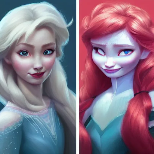 Image similar to elsa & anna, portrait, highly detailed, trending on artstation, d & d, concept art, sharp focus, red hair, illustration, digital painting, art by artgerm and greg rutkowski and magali villeneuve