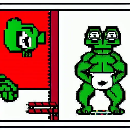 Prompt: 6 4 bit, 8 bit nes graphics. antropomorphic muscular masculine pepe the frog. kickboxer fighter, in shorts. aggressive large head. art from nes game cartridge