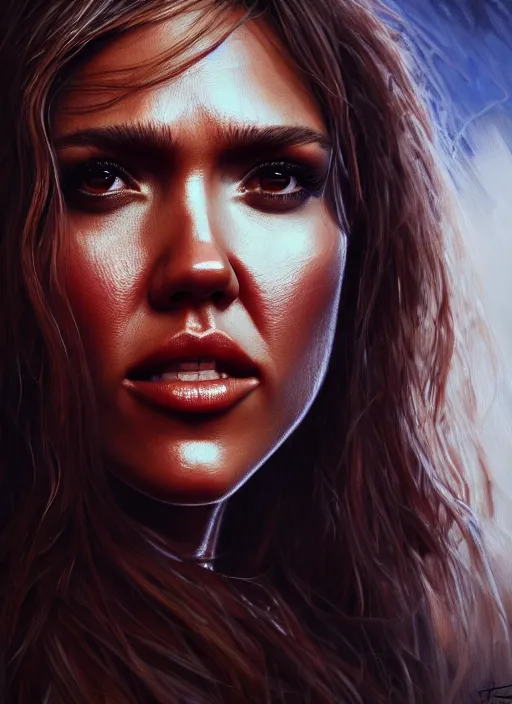 Image similar to close up portrait of jessica alba as a monster in the mountains of hell, oil painting by tomasz jedruszek, cinematic lighting, pen and ink, intricate line, hd, 4 k, million of likes, trending on artstation