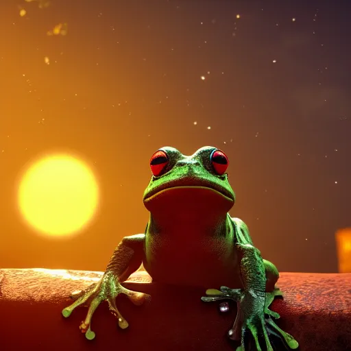 Prompt: frog, sunset, bokeh, red dead redemption 2