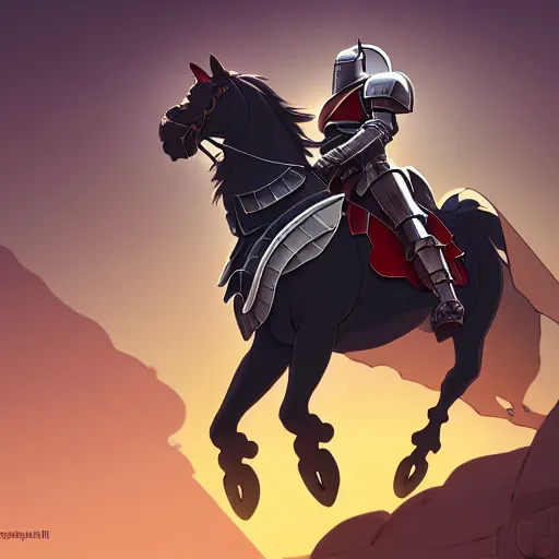 Image similar to illustration of a mounted knight, strong chest, wearing full plate armor, powerful black horse, artstation, detailed cartoon, elegant, digital painting, concept art, smooth, sharp focus, illustration, ghibli, makoto shinkai, don bluth, fujita goro, jean giraud, akihiko yoshida, tom whalen 8 k