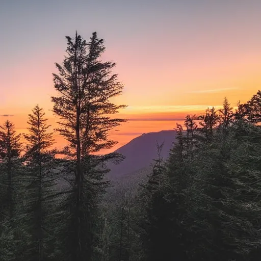 Image similar to calm peaceful wooded mountain during sunset, silhouetted trees against the sky, 8k hd, light reflection, relaxing, alone, first person