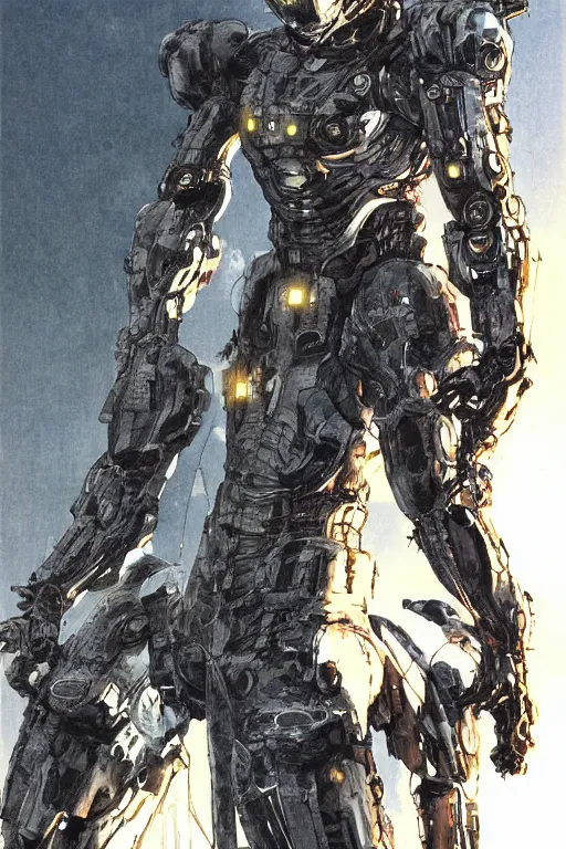 Image similar to powerful soldier wearing a crynet nanosuit, at dusk, a color illustration by tsutomu nihei, tetsuo hara and katsuhiro otomo