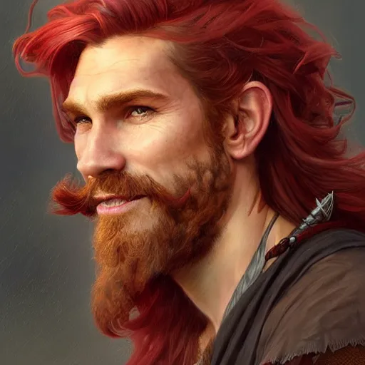 Image similar to portrait of a young ruggedly handsome but joyful pirate, male, masculine, upper body, crimson hair, long hair, d & d, fantasy, smirk, intricate, elegant, highly detailed, digital painting, artstation, concept art, matte, sharp focus, illustration, art by artgerm and greg rutkowski and alphonse mucha