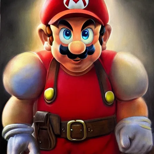 Image similar to An ultra realistic portrait painting of Mario in the style of Frank Frazetta, 4k, Ultrarealistic, Highly Detailed, Dark Fantasy, Epic Lighting