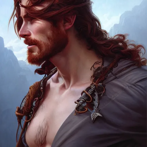 Prompt: portrait of a young ruggedly handsome but optimistic pirate, male, masculine, upper body, red hair, long hair, d & d, fantasy, intricate, elegant, highly detailed, digital painting, artstation, concept art, matte, sharp focus, illustration, art by artgerm and greg rutkowski and alphonse mucha