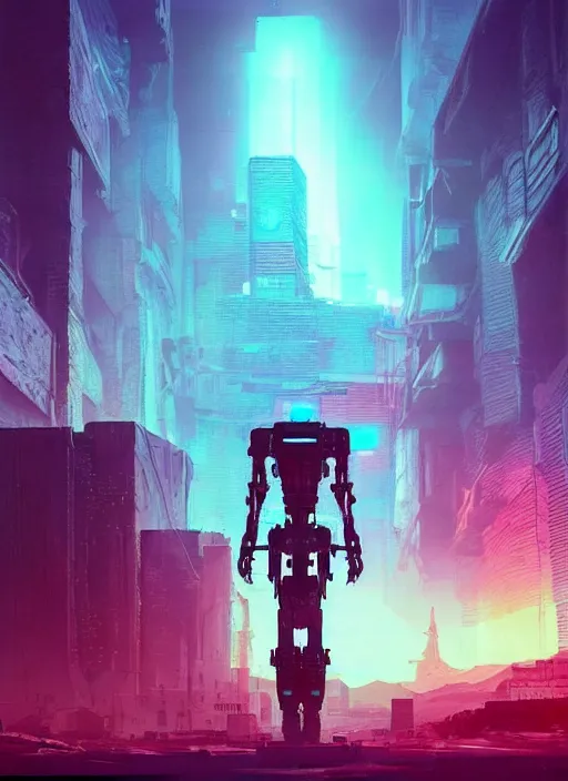 Prompt: a painting of a giant robot standing in front of a post apocalyptic city ruins, cyberpunk art by beeple, artstation hd, dystopian art, apocalypse art, sci - fi, glowing neon lights anamorphic lens flare