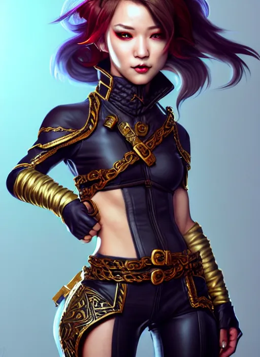 Image similar to rogue, fantasy ornate leather bandit outfit!!! close - up portrait beautiful and athletic short hair female!! gorgeous face and eyes!! character concept art, sharp focus, octane render! unreal engine 5! highly rendered!! trending on artstation!! detailed linework!! illustration by artgerm, wlop, and chie yoshii