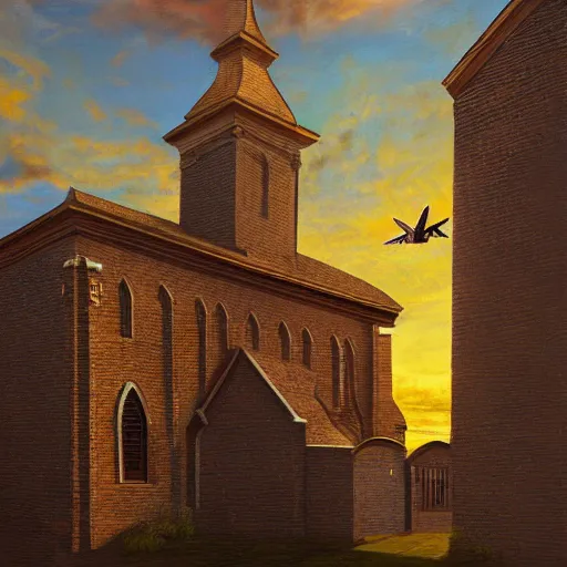 Image similar to a church with wings, flapping its wings flying in sunset sky, oil on canvas, portrait, intricate, 8k highly professionally detailed, HDR, CGsociety