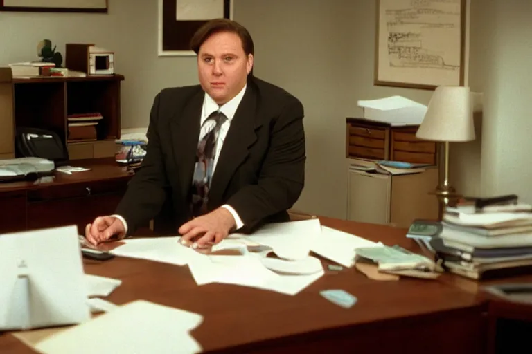 Image similar to cinematic still of portly clean-shaven white man wearing suit and necktie at his desk in his office in 1994 film, XF IQ4, f/1.4, ISO 200, 1/160s, 8K, RAW, dramatic lighting, symmetrical balance, in-frame