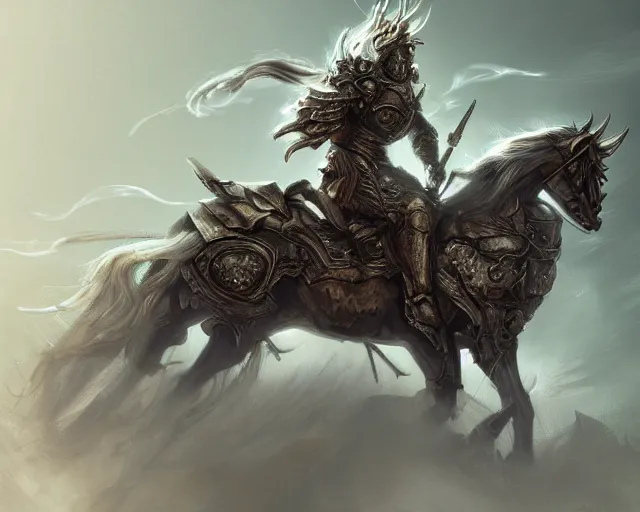 Prompt: A faded ghost warrior riding a giant ghost horse with armour, fantasy art, in the style of Frank Neidhardt, illustration, epic art, fantasy, intricate, elgant, amazing detail, digital painting, artstation, concept art, smooth, sharp focus