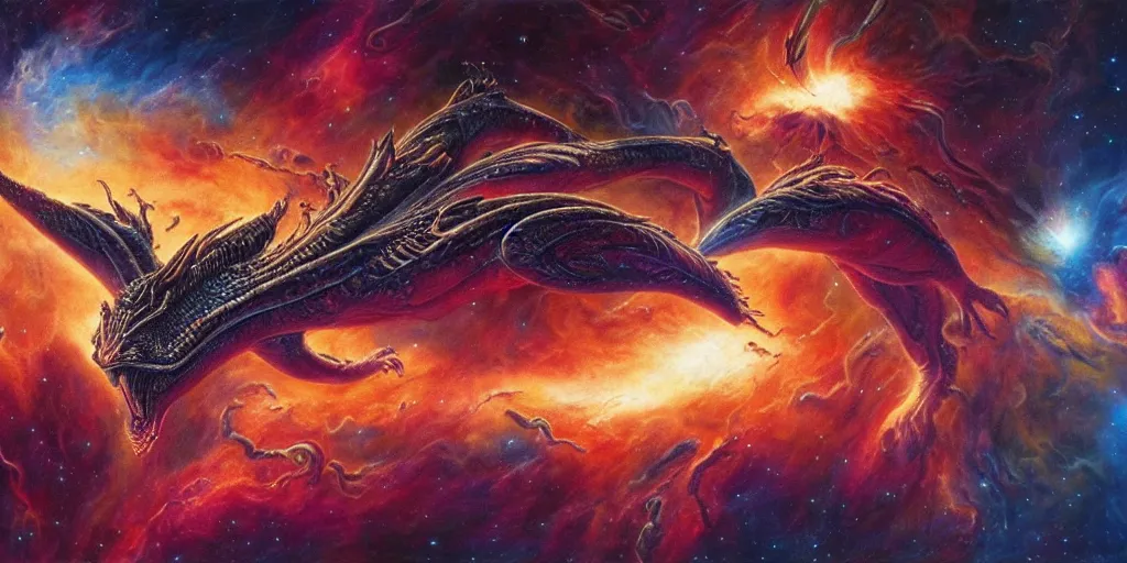 Image similar to alien dragon flying through outer space, epic nebula, dan seagrave art
