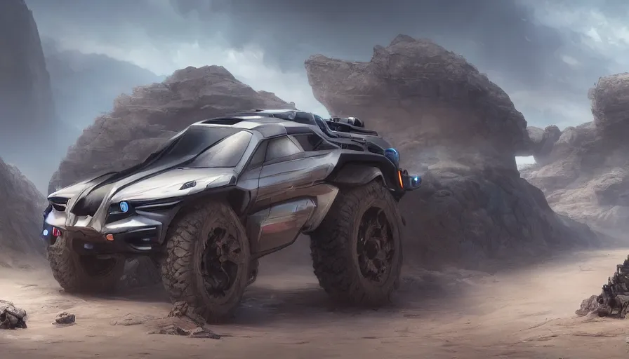 Prompt: a futuristic offroad suv designed by apple riding through socotra island, artgerm and greg rutkowski and alphonse mucha, an epic fantasy, volumetric light, detailed, trending on art station, octane render, midsommar