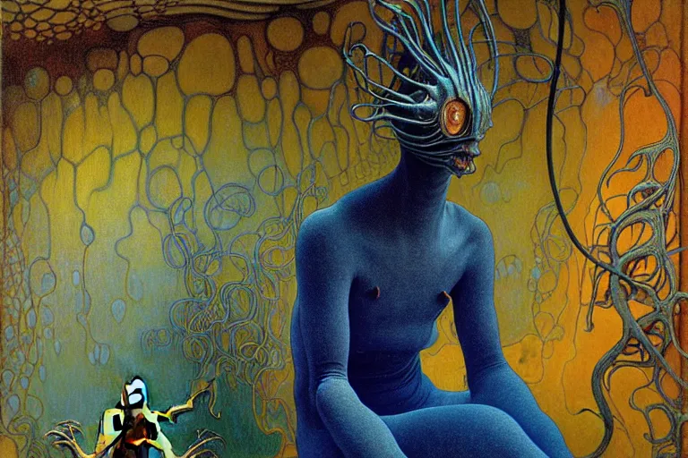 Image similar to realistic extremely detailed portrait painting of a bizarre creature sitting in the corner of an abandoned house, futuristic sci-fi landscape on background by Jean Delville, Amano, Yves Tanguy, Alphonse Mucha, Ernst Haeckel, Edward Robert Hughes, Roger Dean, rich moody colours, blue eyes