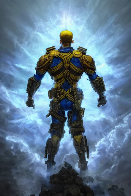 Image similar to an super mega hyper realistic image of a super soldier with a Ukrainian blue and yellow stripes flag standing in the beam of light from the clouds on a pile of skulls as a winner, masculine figure, D&D, fantasy, intricate, elegant, highly detailed, extremely detailed, digital painting, artstation, concept art, matte, sharp focus, symmetrical, illustration, art by Artgerm and Greg Rutkowski and Alphonse Mucha