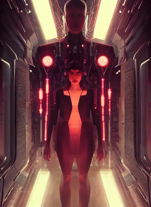 Image similar to symmetry!! film still establishing shot of the technological singularity, sci - fi -, cyberpunk, blade runner, glowing lights, tech, biotech, techwear!! intricate, elegant, highly detailed, digital painting, artstation, concept art, smooth, sharp focus, blur, short focal length, illustration, art by artgerm and greg rutkowski and alphonse mucha