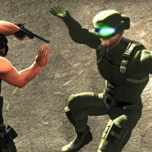 Prompt: sam fisher giving a high five to solid snake while jumping