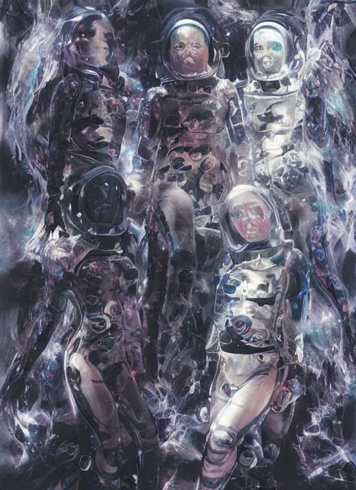 Image similar to astronauts girls in dark void underwater - complex and hyperdetailed technical suit design. reflection and dispersion materials. rays and dispersion of light. volumetric light. f / 3 2. noise film photo. flash photography. ultra realistic, wide angle. poster by wayne barlowe, hajime sorayama aaron horkey, craig mullins