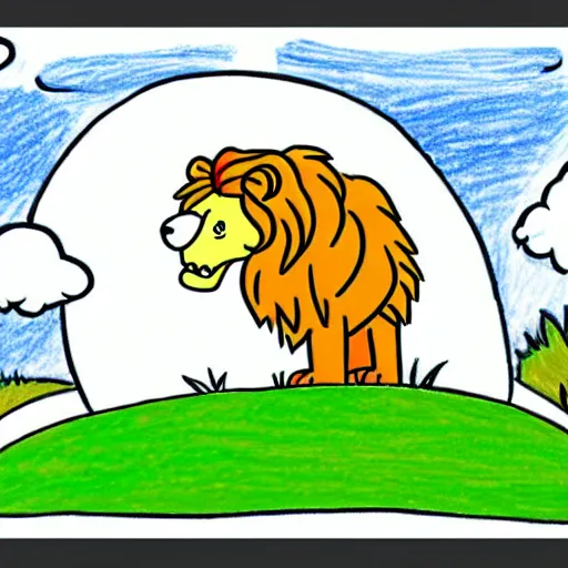 Prompt: Children's drawing of a lion a simple rounded line in a meadow, style simpsons, sharp focus, illustration, ArtStation