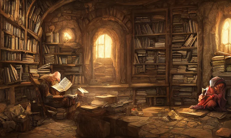 Image similar to Fantasy painting of a wizard reading a book in his basement, digital art, highly detailed, 4K, ArtStation